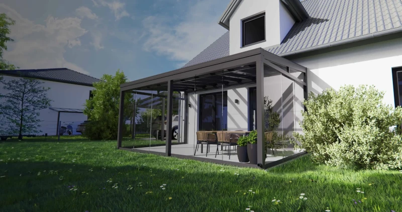 Moderne Terrassenüberdachung aus Glas und Aluminium an Einfamilienhaus mit Garten.